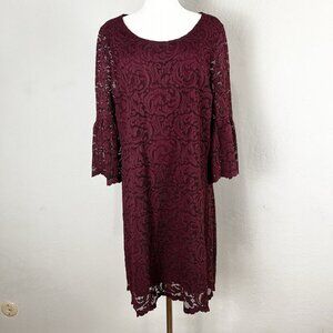 Garnet Hill Bell Sleeve Lace Dress Mini 3/4 Scoop Relaxed Lined Burgundy Size 12